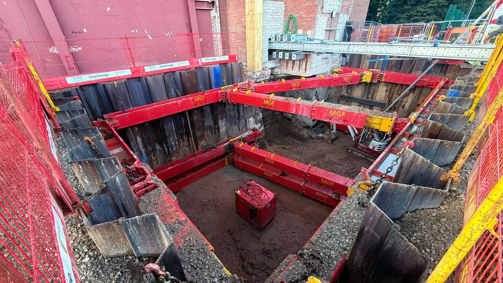 MGF temporary works system supporting a 6‑metre‑deep basement and lift shaft excavation for the Barclays project at Turing House, Knutsford, delivered in collaboration with Chartrange Limited.